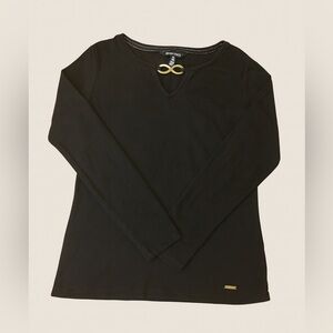 Ellen Tracy Black Knit Top Gold Accent Long Sleeve Pullover Blouse Size Medium